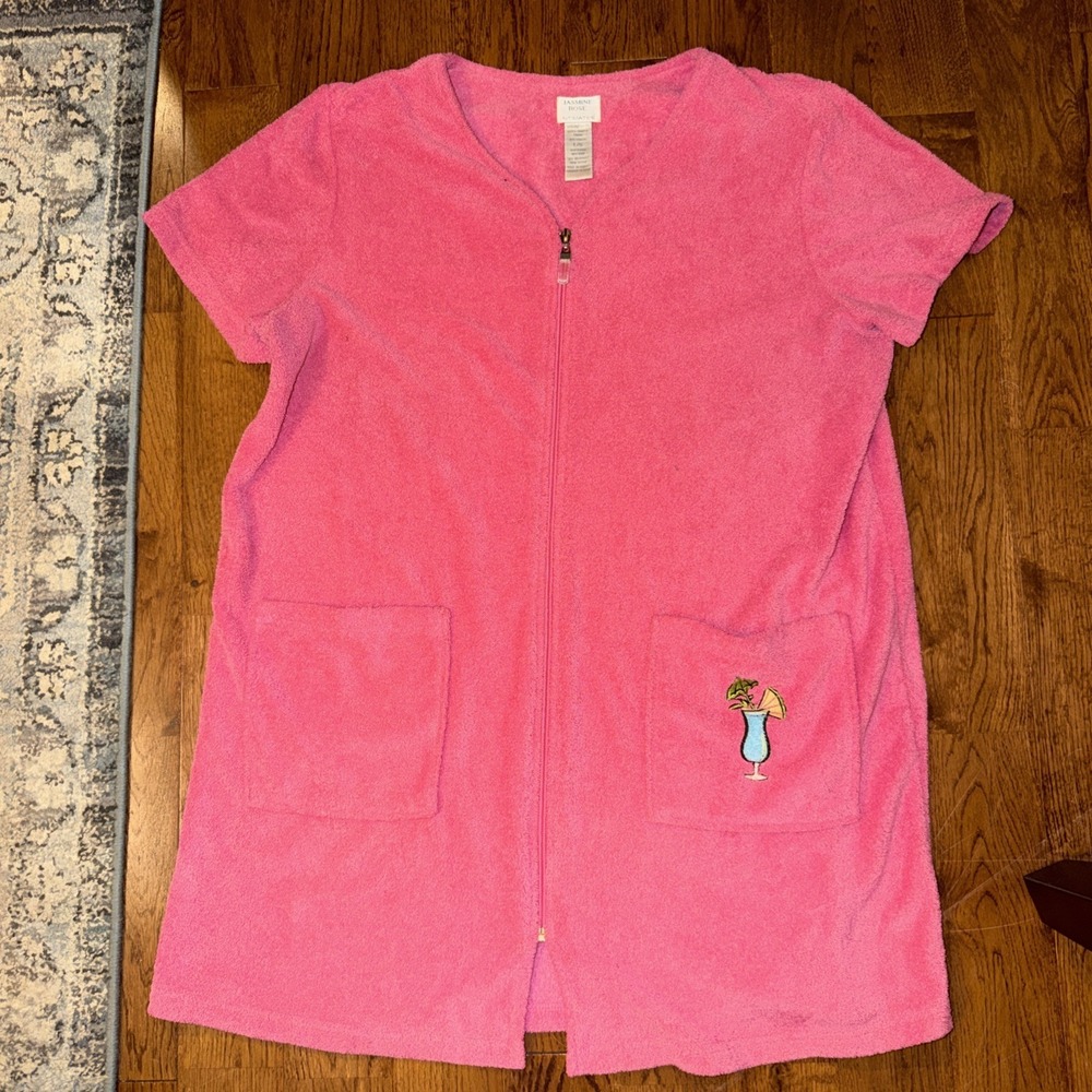 Jasmine Rose Intimates Pink Terry Cloth Zip Up Sz L Y2K Cocktail Embroidery
